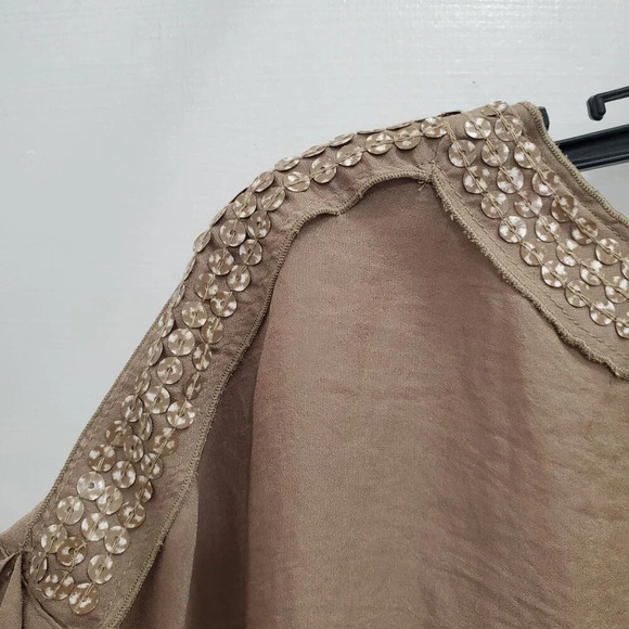 Ann Taylor LOFT Women's Dark‎ Khaki Boxy Sequin Short Sleeve Blouse Top Size S - Picture 2 of 7